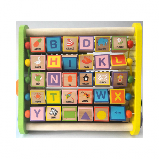 Centru de activitati - numaratoare, litere din lemn colorate si imagini, in limba romana