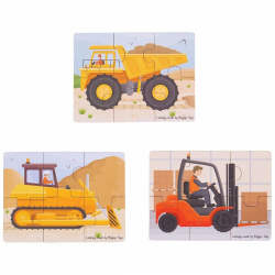 Set 3 puzzle din lemn - Vehicule pentru constructii